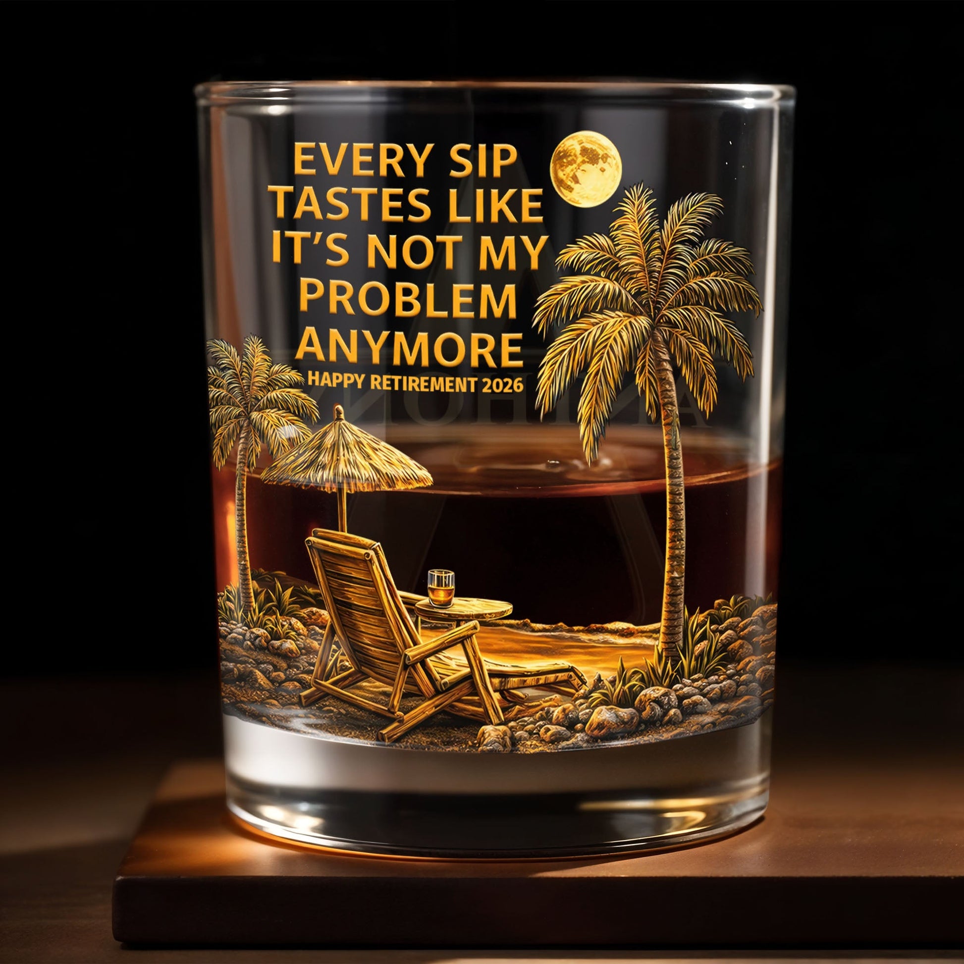 Every Sip Tastes Like It's Not My Problem Anymore Palm Trees Beach - Personalized Custom Whiskey Glass - RETIRE068_RWG