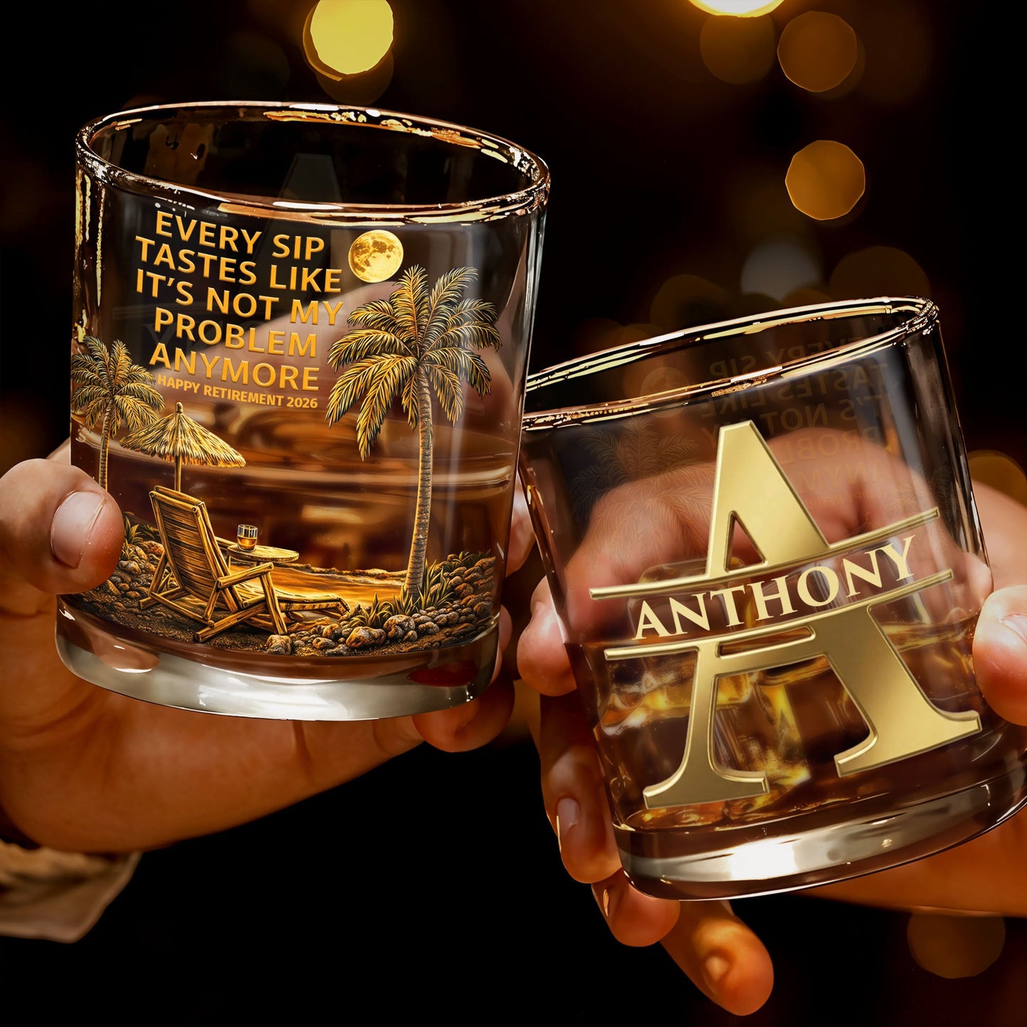 Every Sip Tastes Like It's Not My Problem Anymore Palm Trees Beach - Personalized Custom Whiskey Glass - RETIRE068_RWG