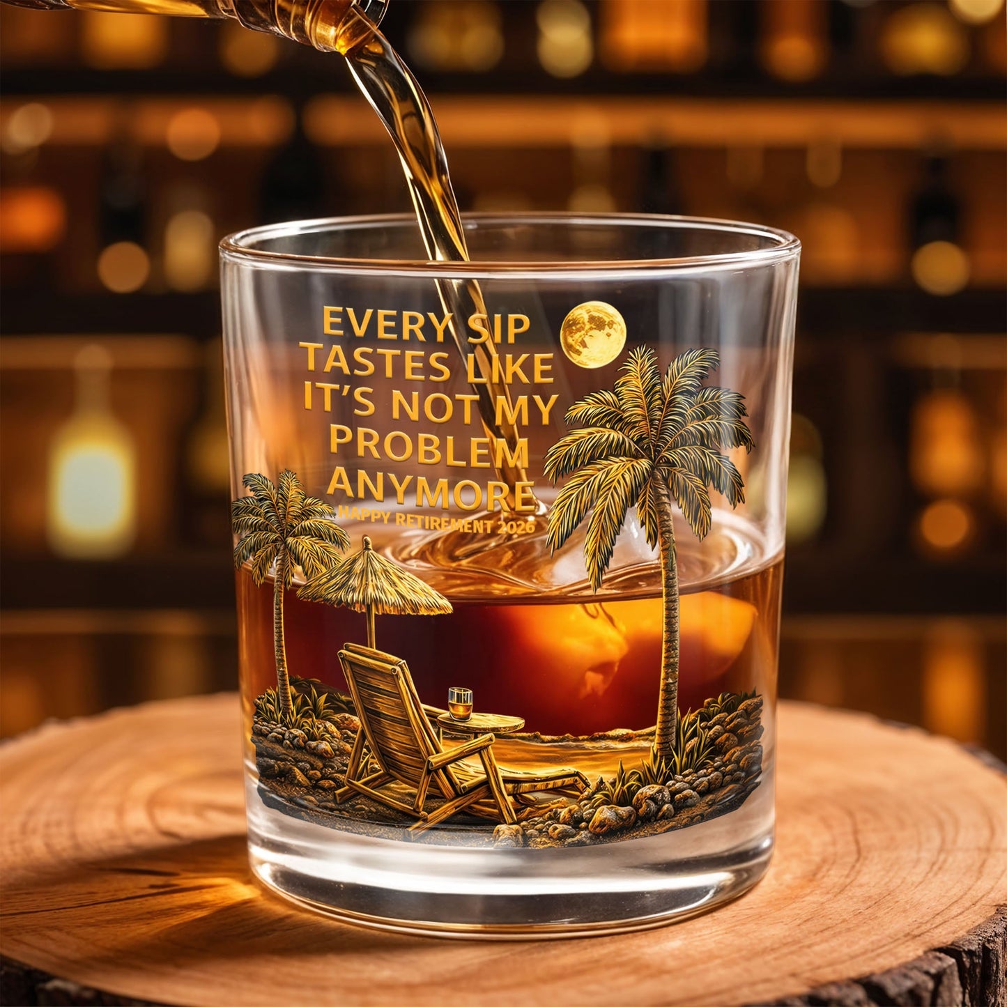 Every Sip Tastes Like It's Not My Problem Anymore Palm Trees Beach - Personalized Custom Whiskey Glass - RETIRE068_RWG