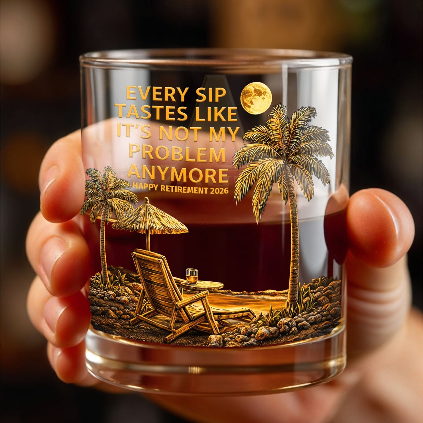 Every Sip Tastes Like It's Not My Problem Anymore Palm Trees Beach - Personalized Custom Whiskey Glass - RETIRE068_RWG
