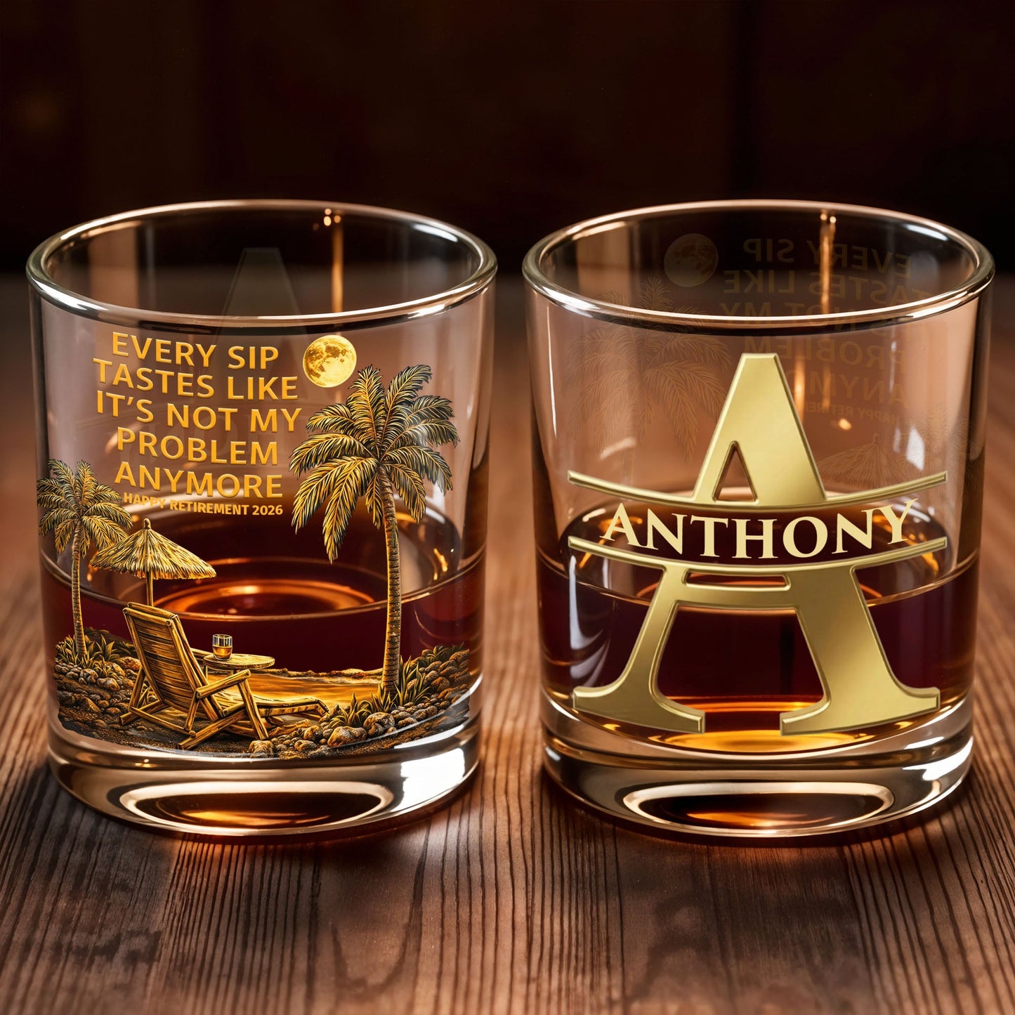 Every Sip Tastes Like It's Not My Problem Anymore Palm Trees Beach - Personalized Custom Whiskey Glass - RETIRE068_RWG