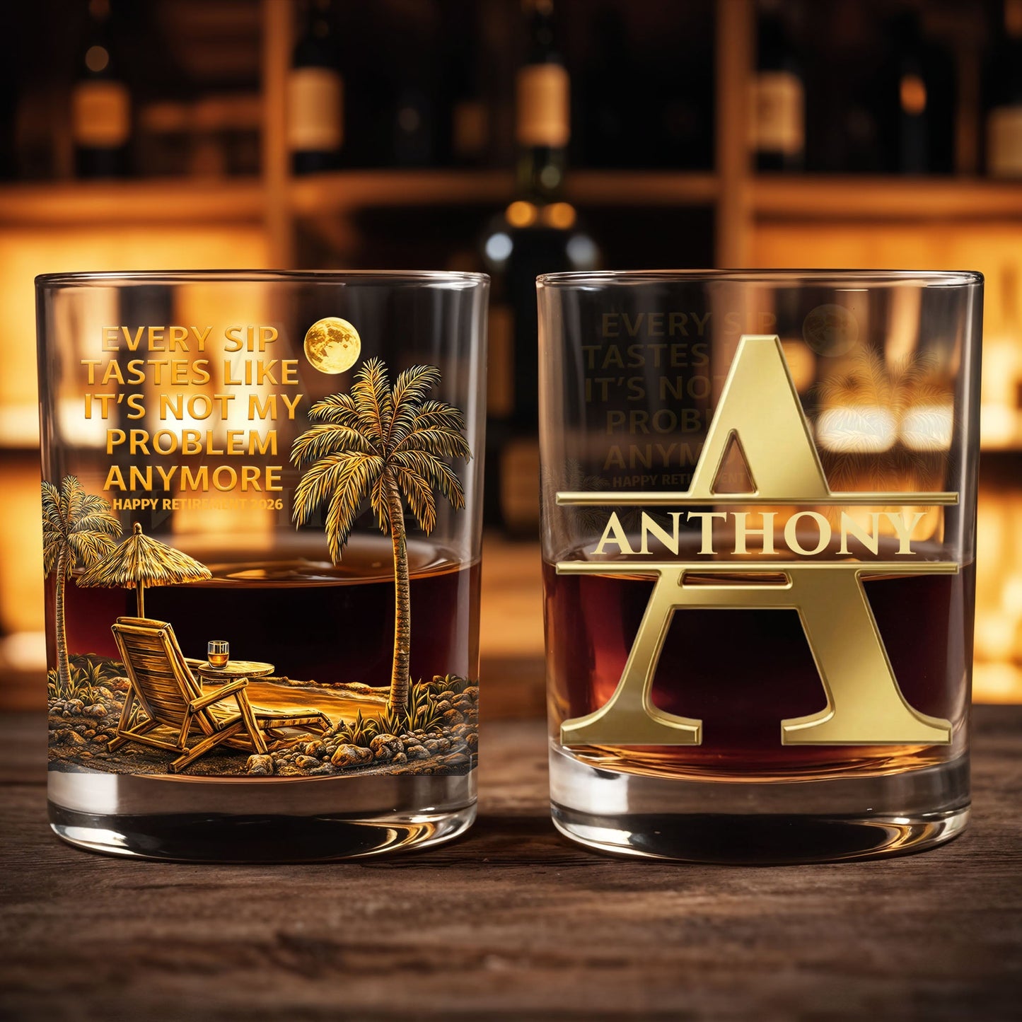 Every Sip Tastes Like It's Not My Problem Anymore Palm Trees Beach - Personalized Custom Whiskey Glass - RETIRE068_RWG