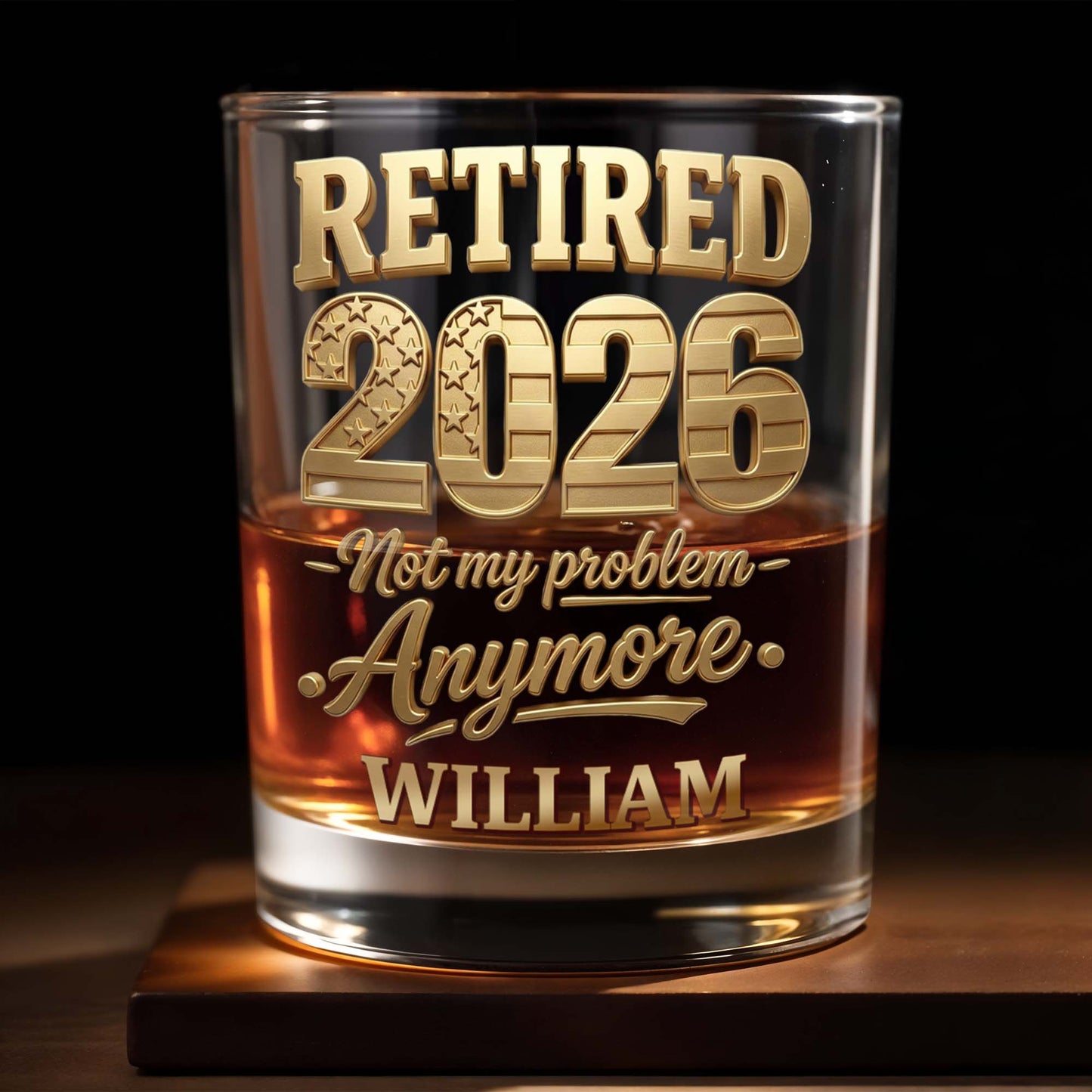Retired Not My Problem Anymore With Golden American Flag Pattern - Personalized Custom Whiskey Glass - RETIRE069_RWG