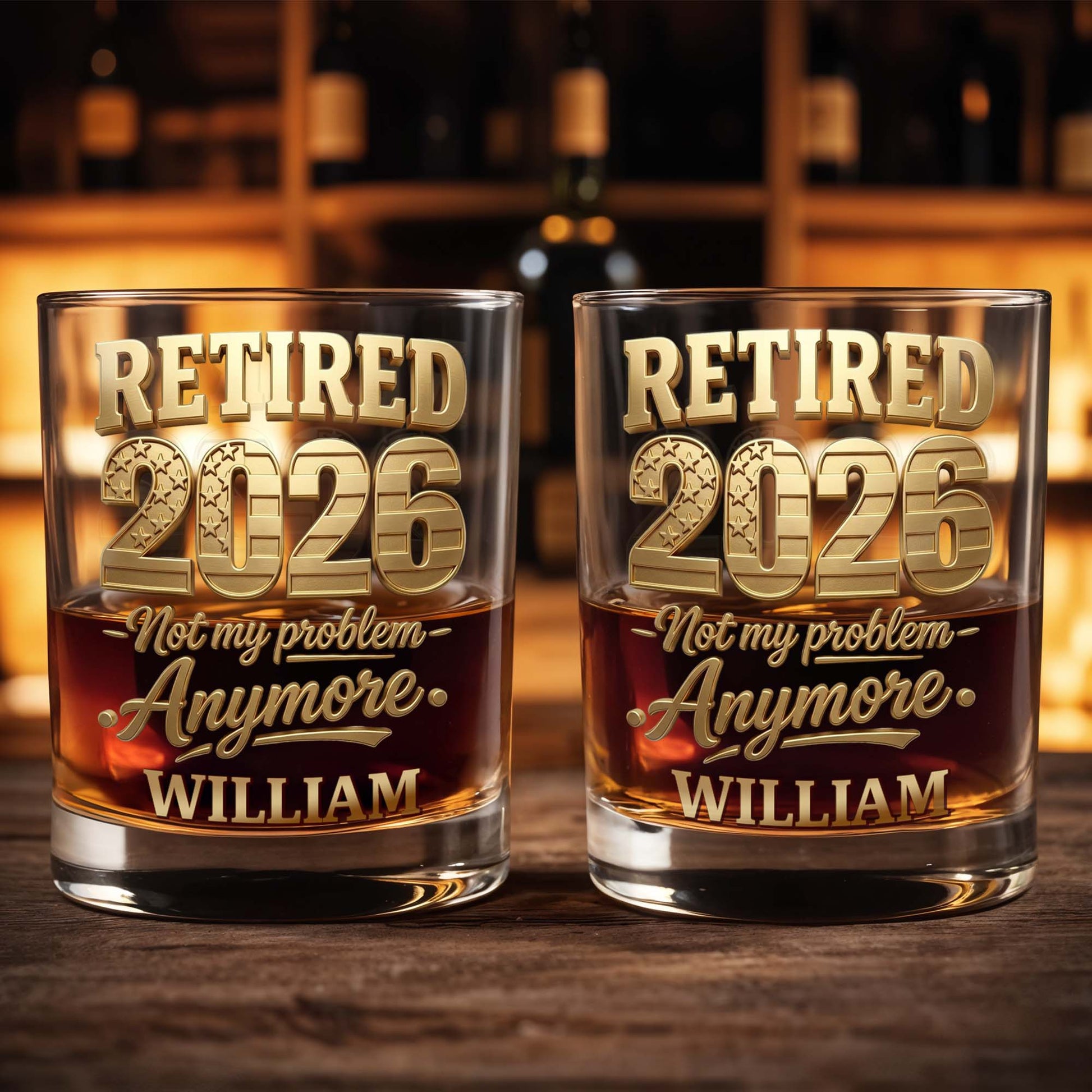 Retired Not My Problem Anymore With Golden American Flag Pattern - Personalized Custom Whiskey Glass - RETIRE069_RWG