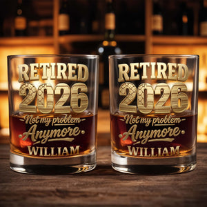 Retired Not My Problem Anymore With Golden American Flag Pattern - Personalized Custom Whiskey Glass - RETIRE069_RWG
