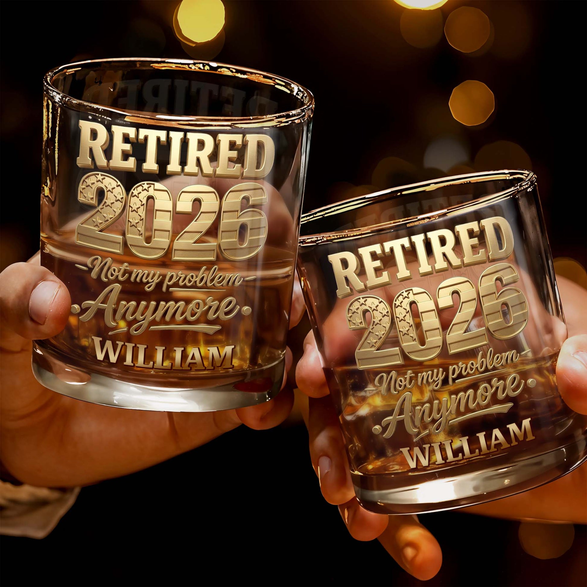 Retired Not My Problem Anymore With Golden American Flag Pattern - Personalized Custom Whiskey Glass - RETIRE069_RWG
