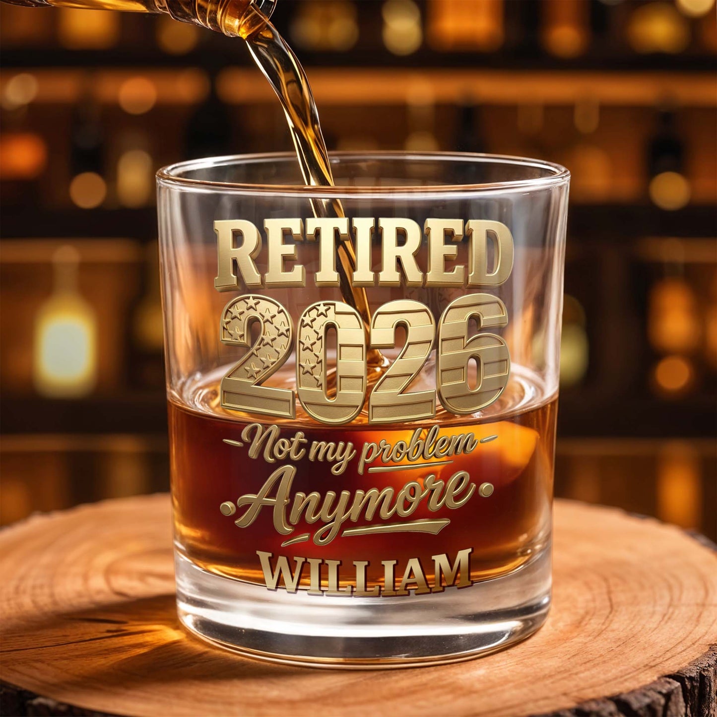 Retired Not My Problem Anymore With Golden American Flag Pattern - Personalized Custom Whiskey Glass - RETIRE069_RWG