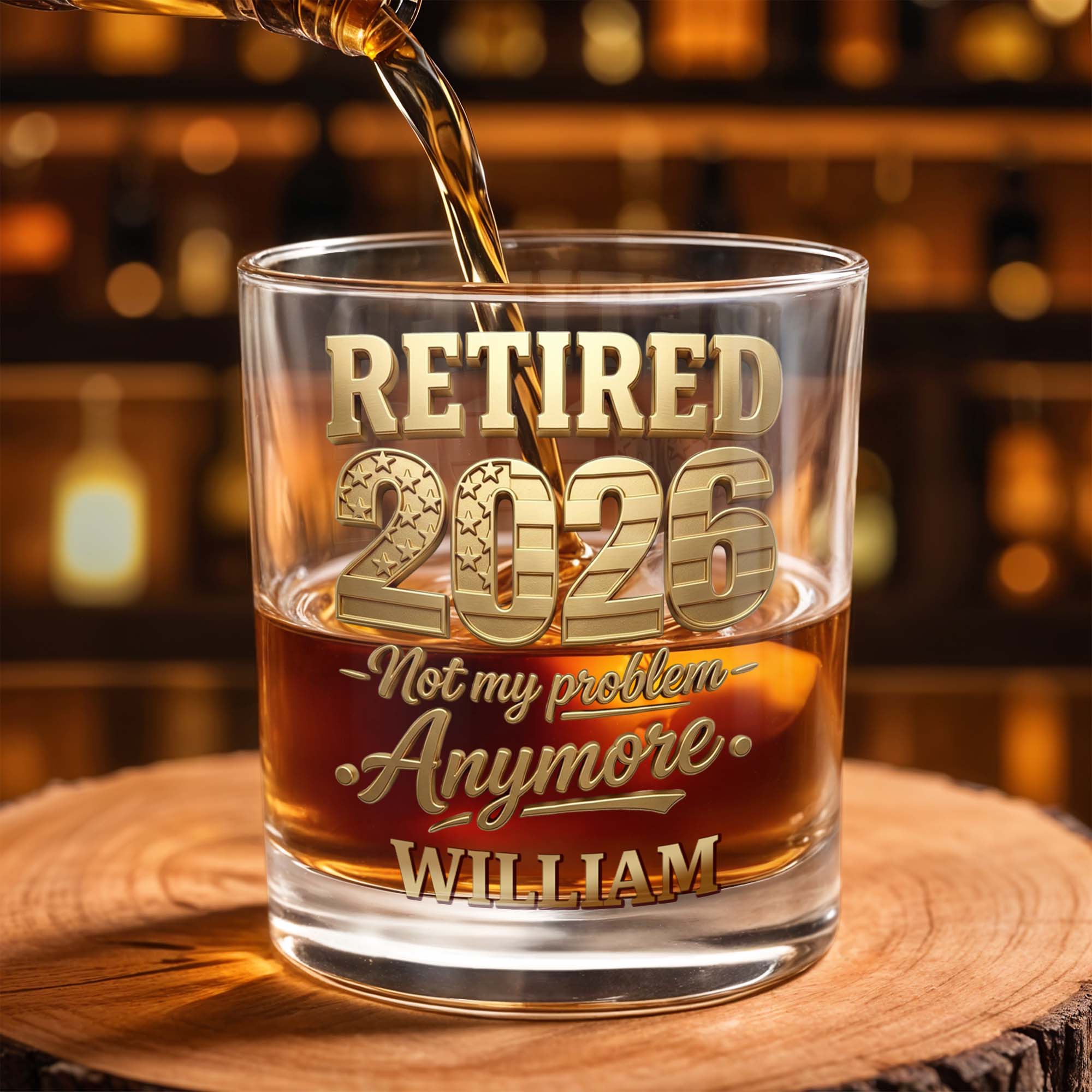 Retired Not My Problem Anymore With Golden American Flag Pattern - Personalized Custom Whiskey Glass - RETIRE069_RWG