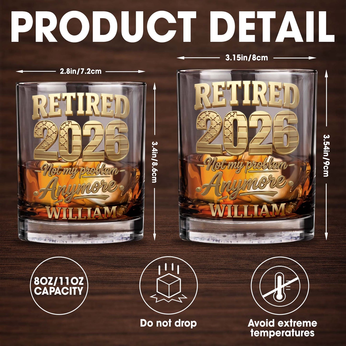 Retired Not My Problem Anymore With Golden American Flag Pattern - Personalized Custom Whiskey Glass - RETIRE069_RWG
