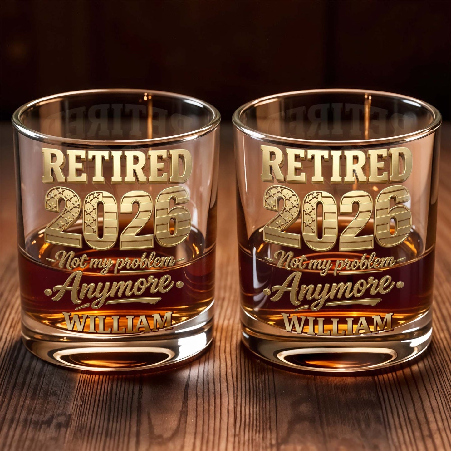 Retired Not My Problem Anymore With Golden American Flag Pattern - Personalized Custom Whiskey Glass - RETIRE069_RWG