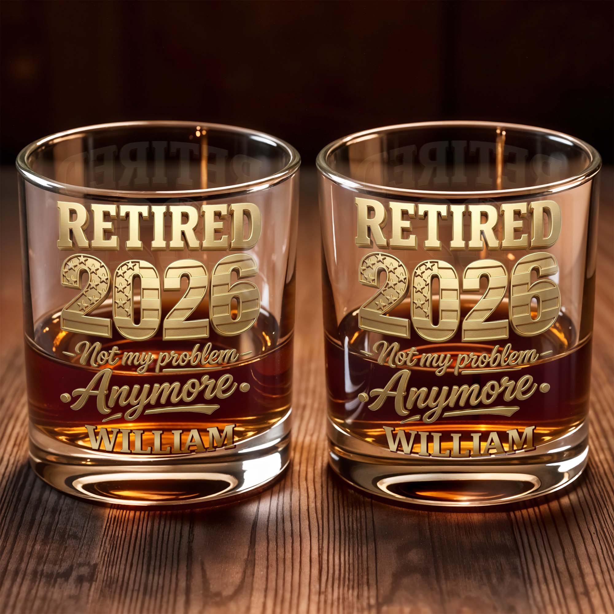 Retired Not My Problem Anymore With Golden American Flag Pattern - Personalized Custom Whiskey Glass - RETIRE069_RWG