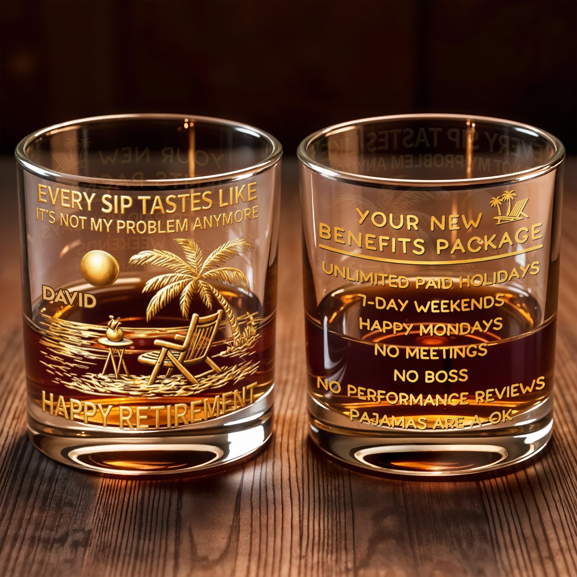 Every Sip Tastes Like It's Not My Problem Anymore Palm Tree Retirement - Personalized Custom Whiskey Glass - RETIRE077_RWG