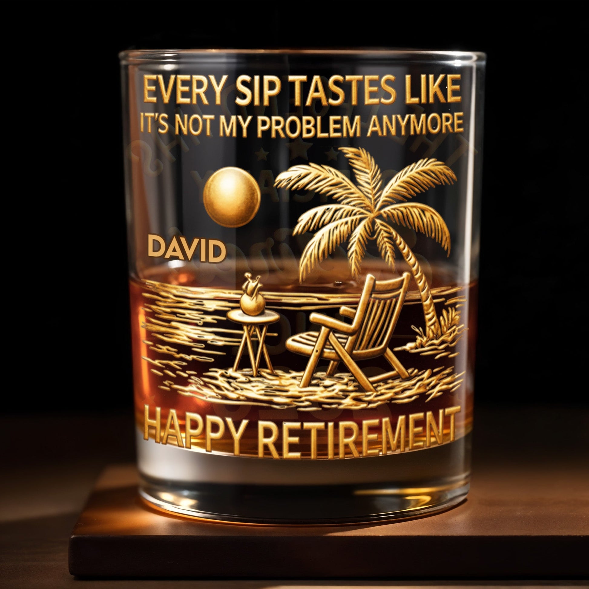 Every Sip Tastes Like Not My Problem Anymore Palm Tree Beach Happy Retirement - Personalized Custom Whiskey Glass - RETIRE078_RWG
