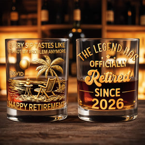 Every Sip Tastes Like Not My Problem Anymore Palm Tree Beach Happy Retirement - Personalized Custom Whiskey Glass - RETIRE078_RWG