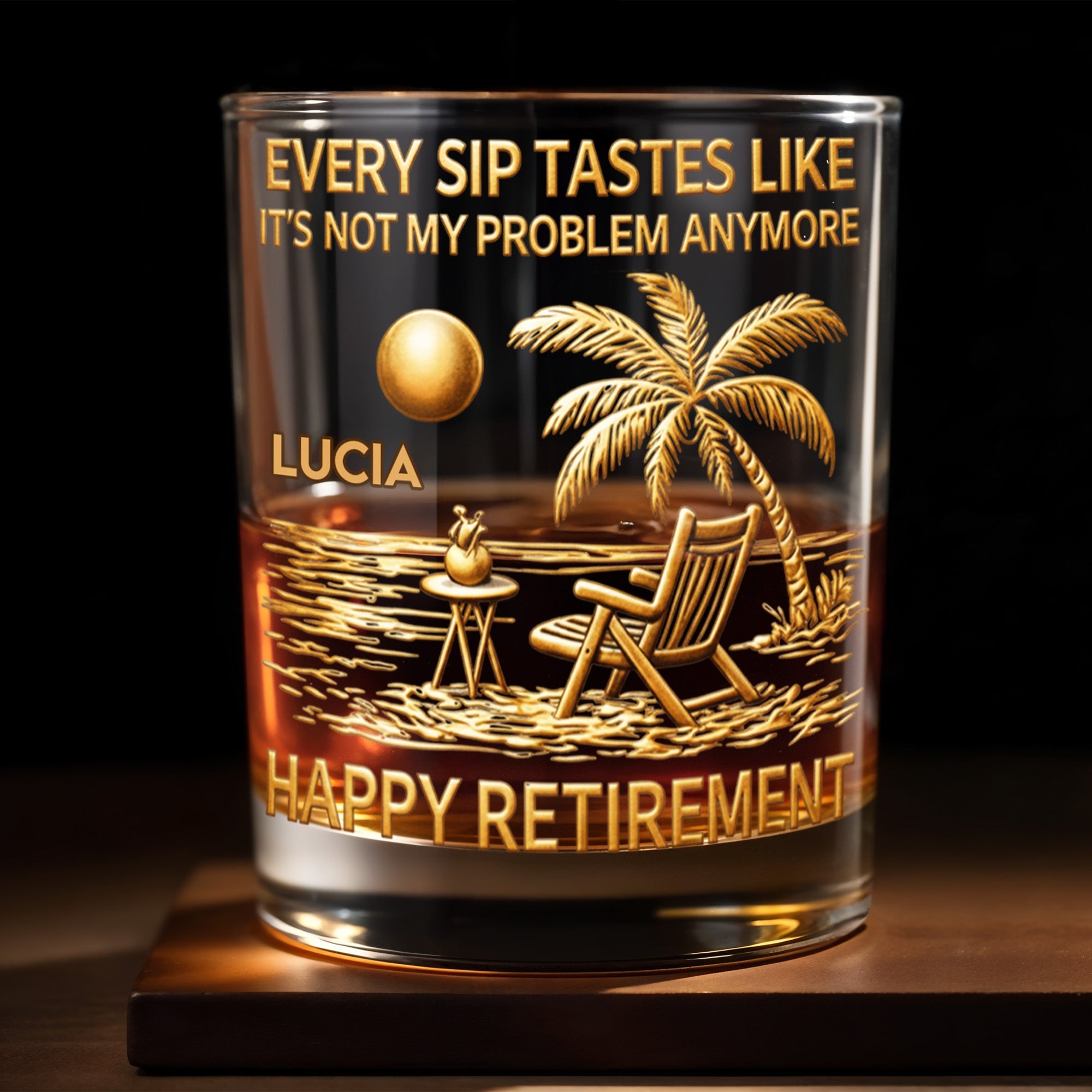 Every Sip Tastes Like It's Not My Problem Anymore Palm Tree Beach - Personalized Custom Whiskey Glass - RETIRE080_RWG