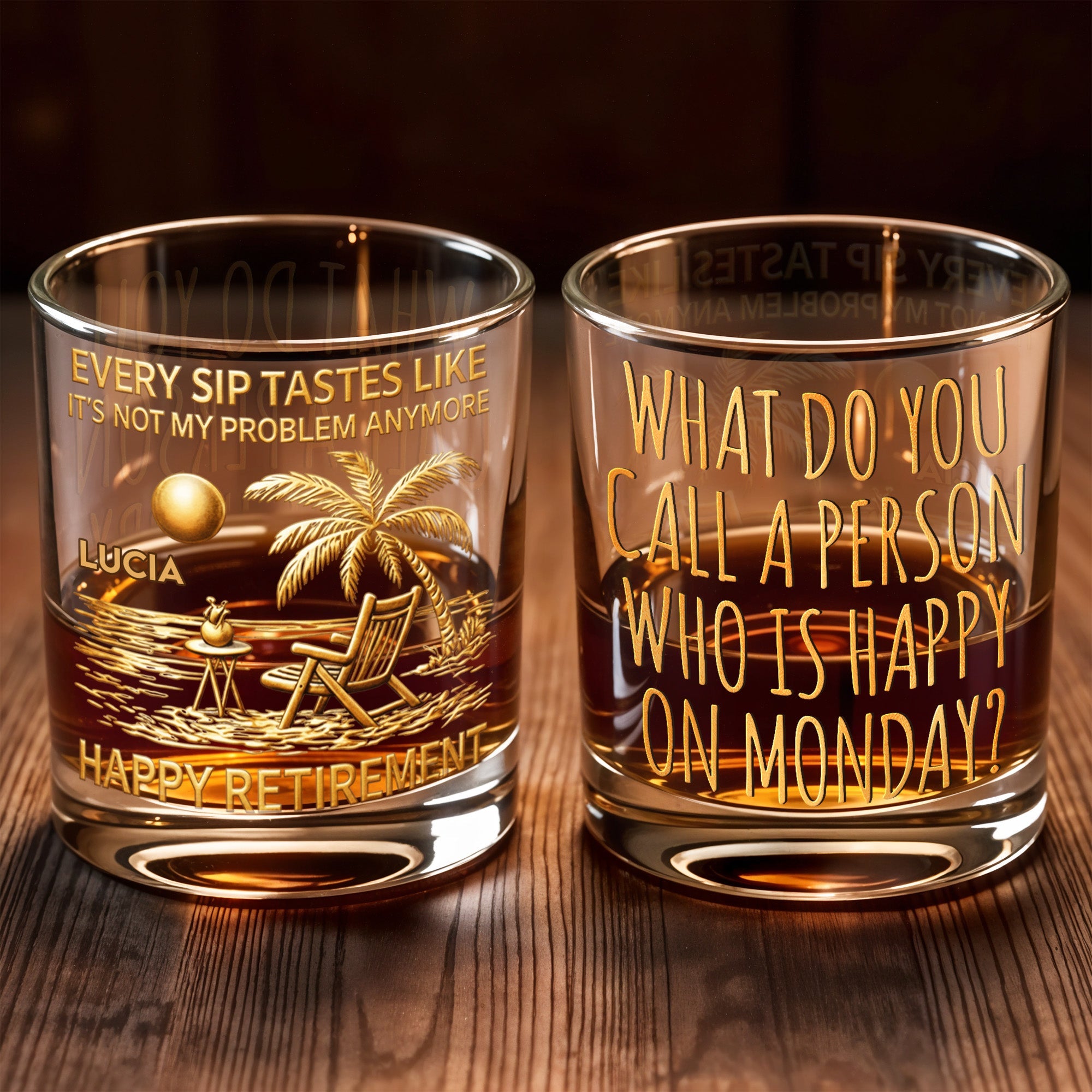 Every Sip Tastes Like It's Not My Problem Anymore Palm Tree Beach - Personalized Custom Whiskey Glass - RETIRE080_RWG