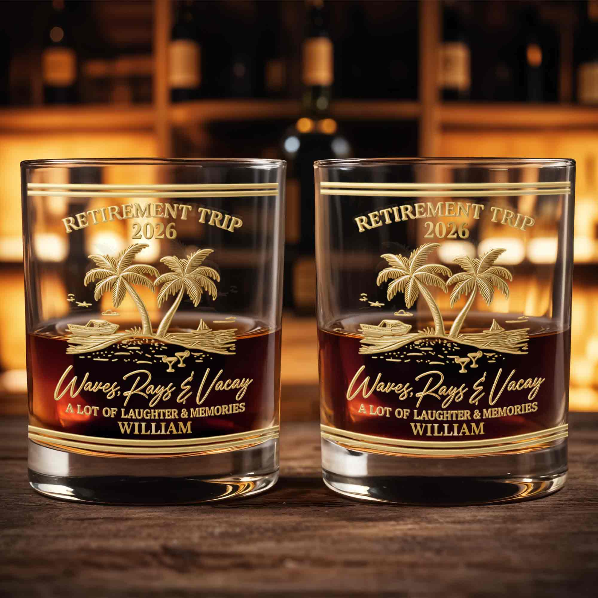 Retirement Trip Waves Rays And Vacay Beach Palm Trees - Personalized Custom Whiskey Glass - RETIRE082_RWG