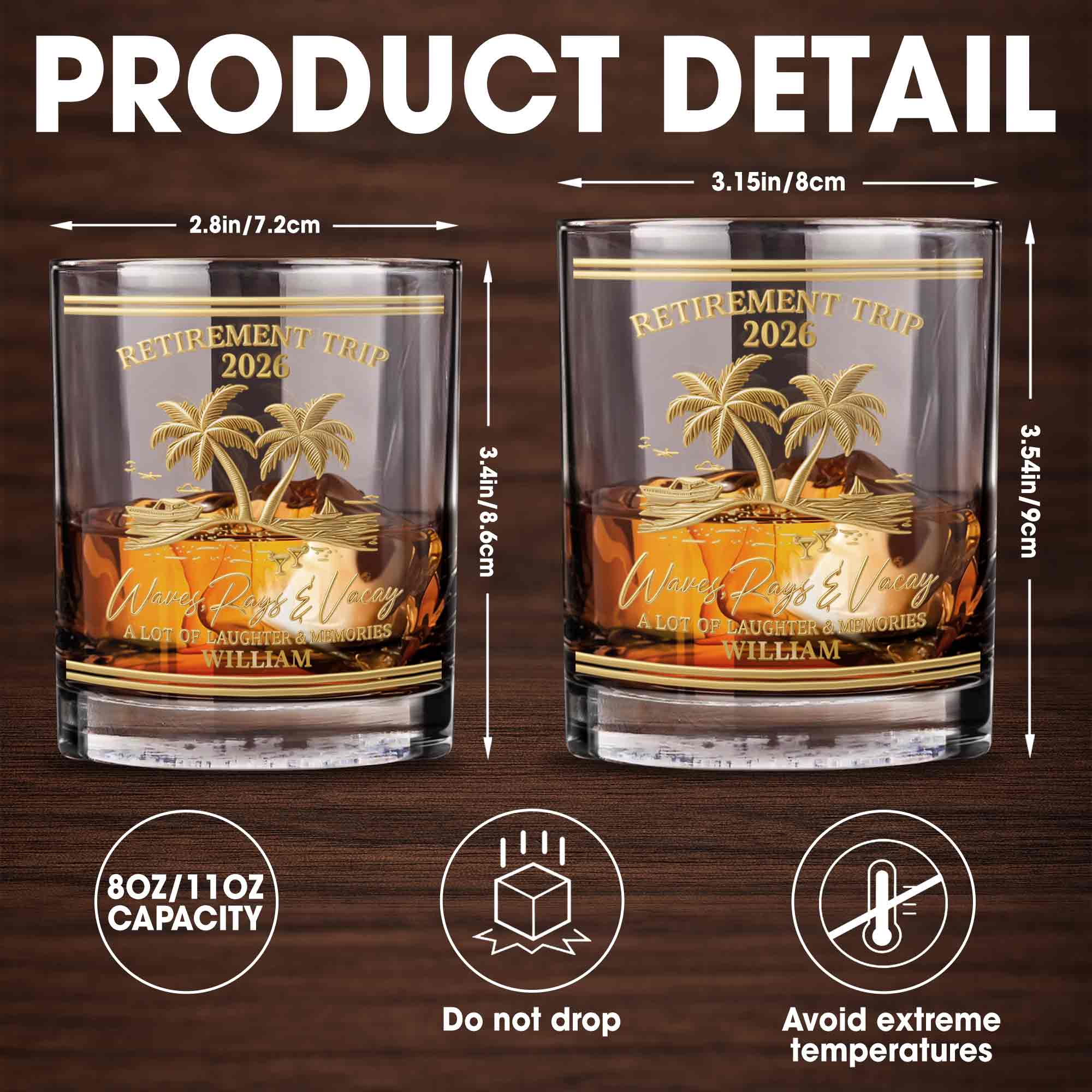 Retirement Trip Waves Rays And Vacay Beach Palm Trees - Personalized Custom Whiskey Glass - RETIRE082_RWG