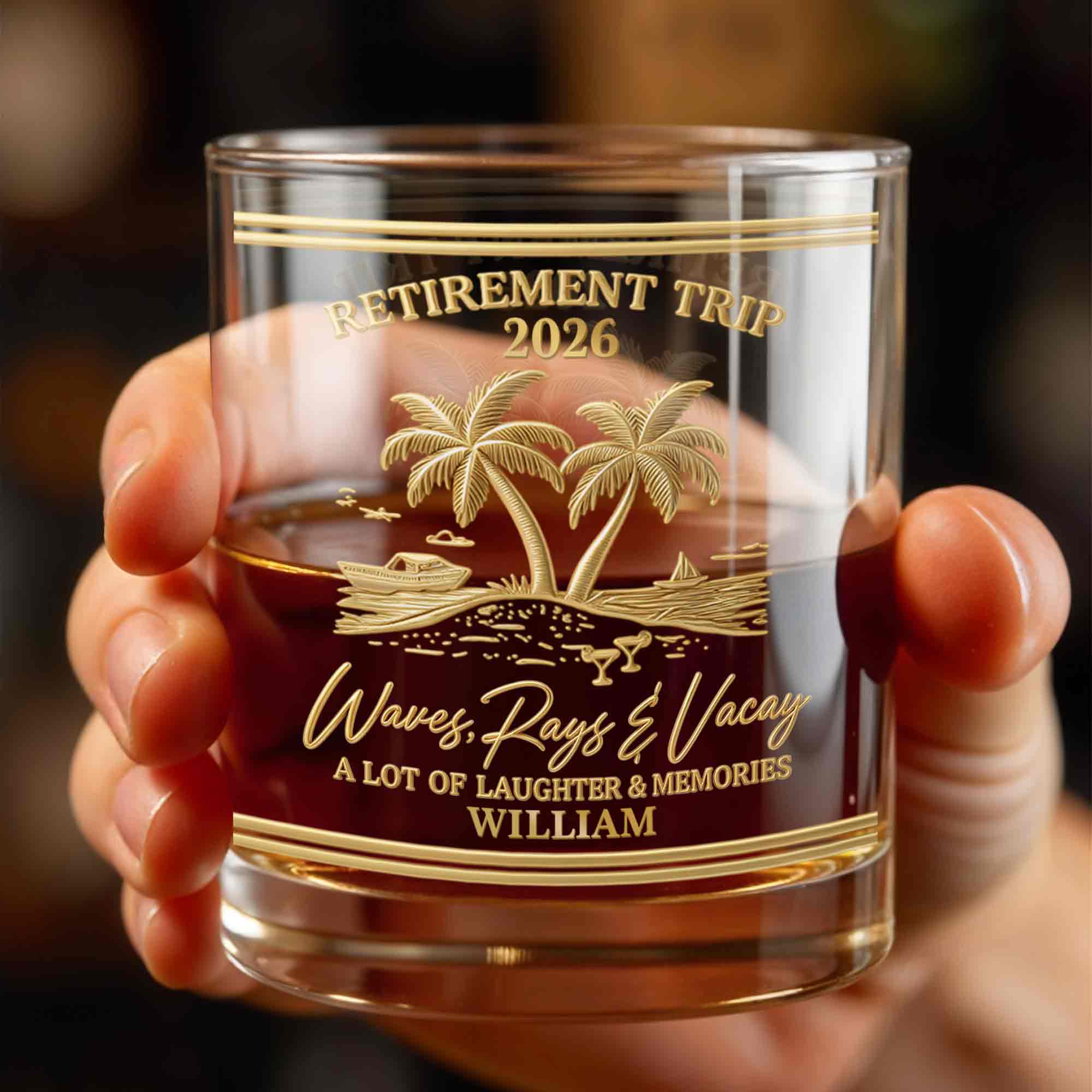 Retirement Trip Waves Rays And Vacay Beach Palm Trees - Personalized Custom Whiskey Glass - RETIRE082_RWG