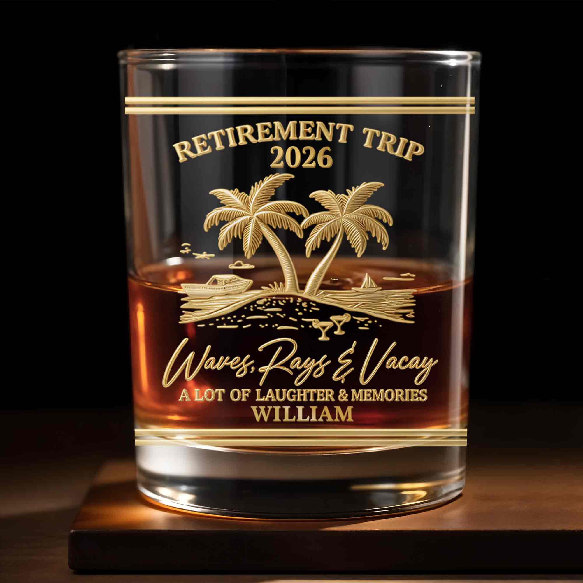 Retirement Trip Waves Rays And Vacay Beach Palm Trees - Personalized Custom Whiskey Glass - RETIRE082_RWG