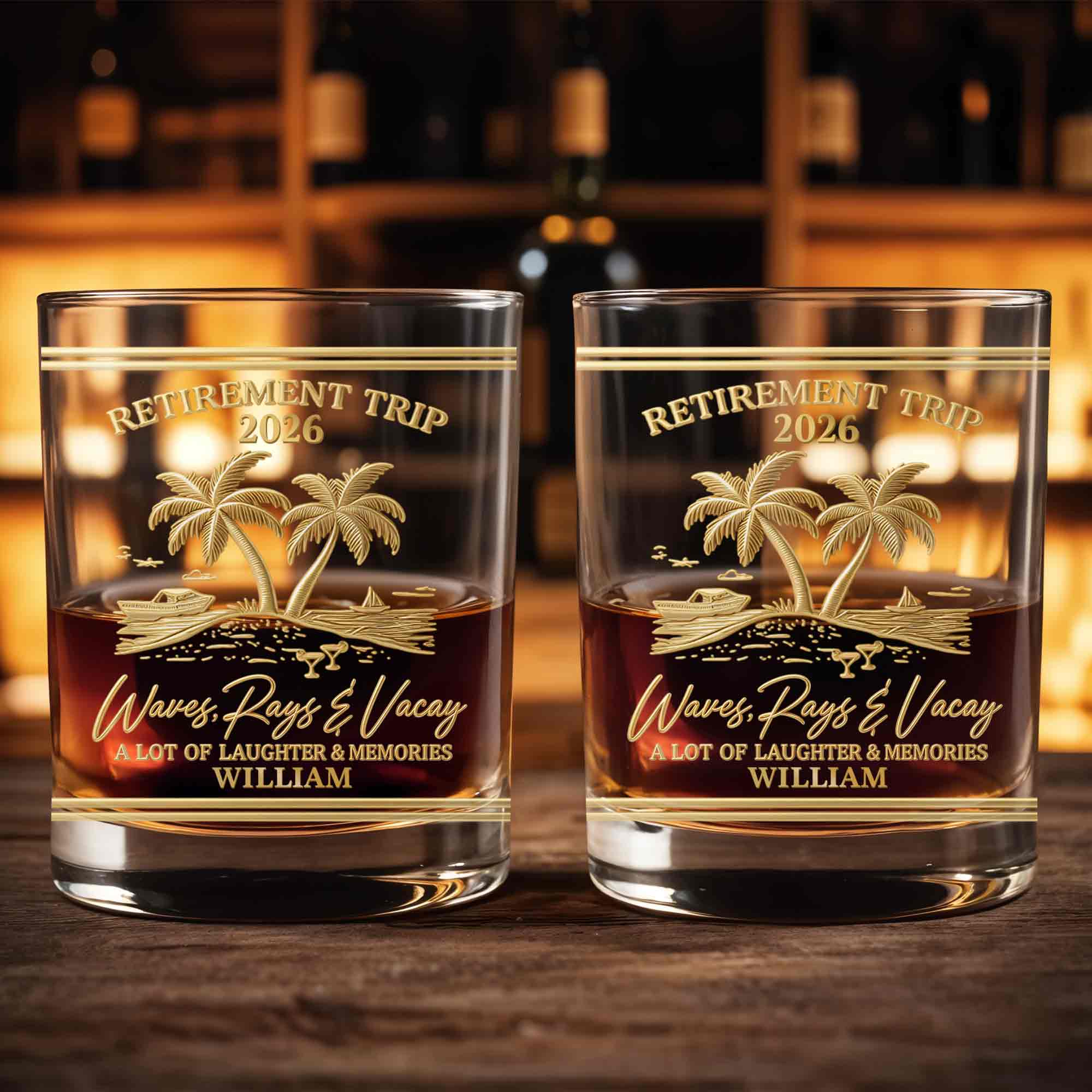 Retirement Trip Waves Rays And Vacay Beach Palm Trees - Personalized Custom Whiskey Glass - RETIRE082_RWG