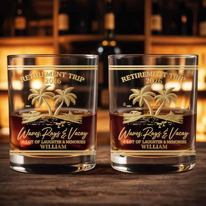 Retirement Trip Waves Rays And Vacay Beach Palm Trees - Personalized Custom Whiskey Glass - RETIRE082_RWG