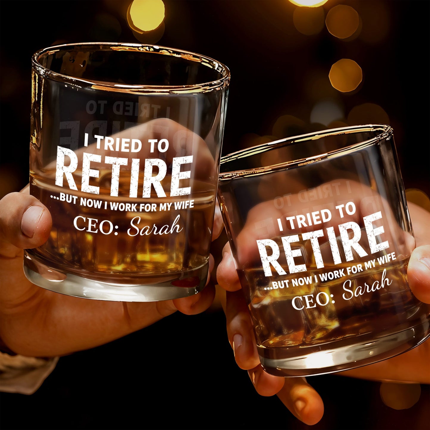 I Tried To Retire But Now I Work For My Wife CEO Text Design - Personalized Custom Whiskey Glass - RETIRE088_RWG