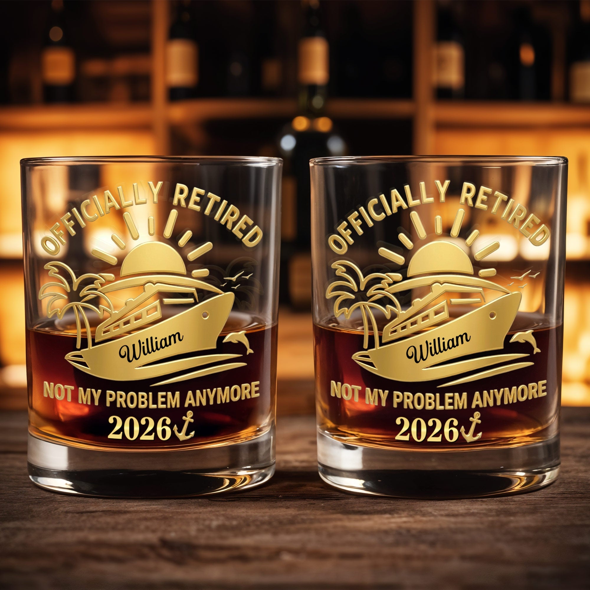Officially Retired Not My Problem Anymore Cruise Ship Sun And Palm Tree - Personalized Custom Whiskey Glass - RETIRE091_RWG