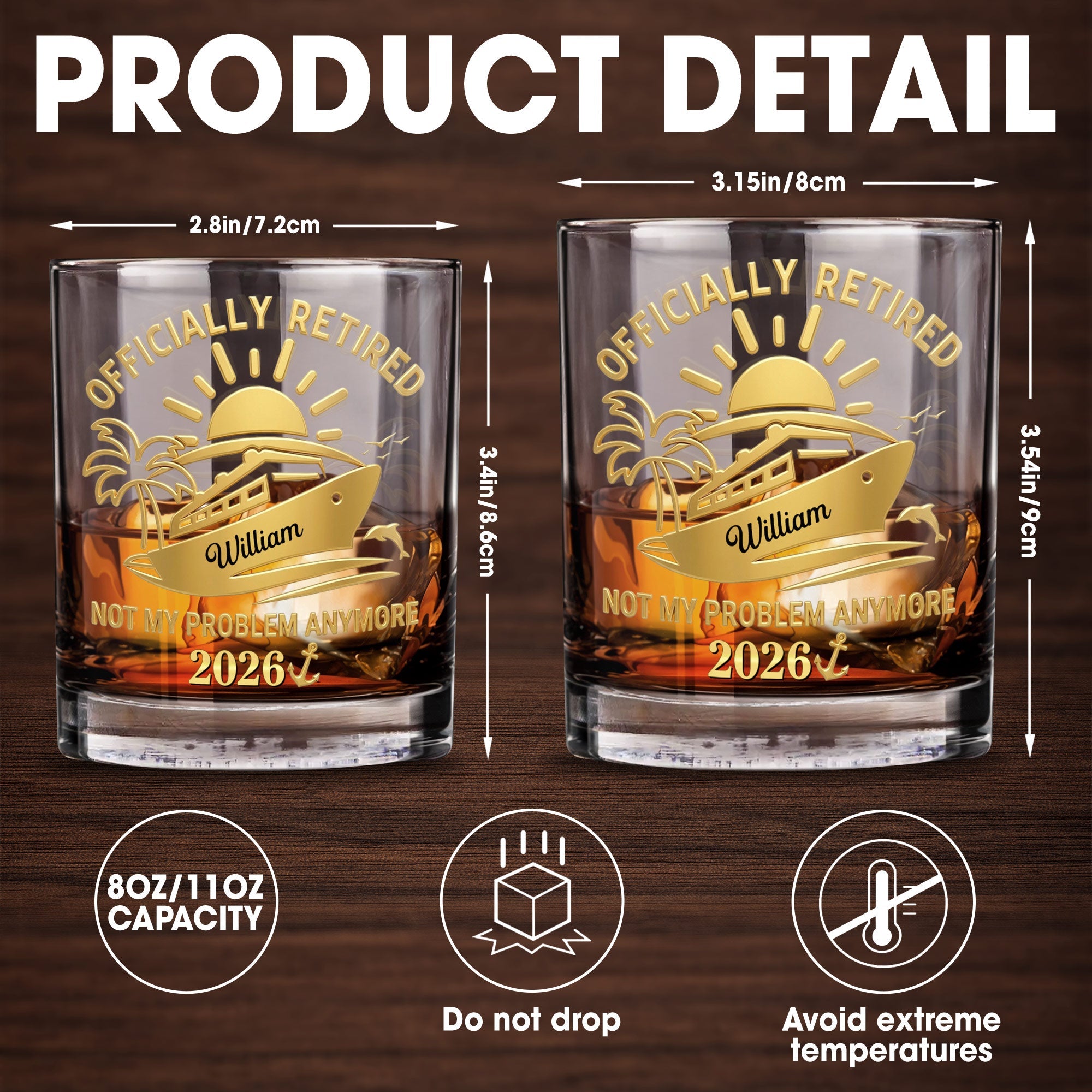 Officially Retired Not My Problem Anymore Cruise Ship Sun And Palm Tree - Personalized Custom Whiskey Glass - RETIRE091_RWG