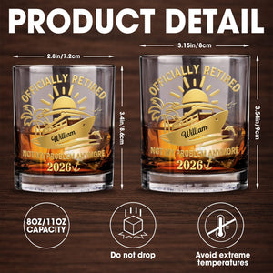 Officially Retired Not My Problem Anymore Cruise Ship Sun And Palm Tree - Personalized Custom Whiskey Glass - RETIRE091_RWG