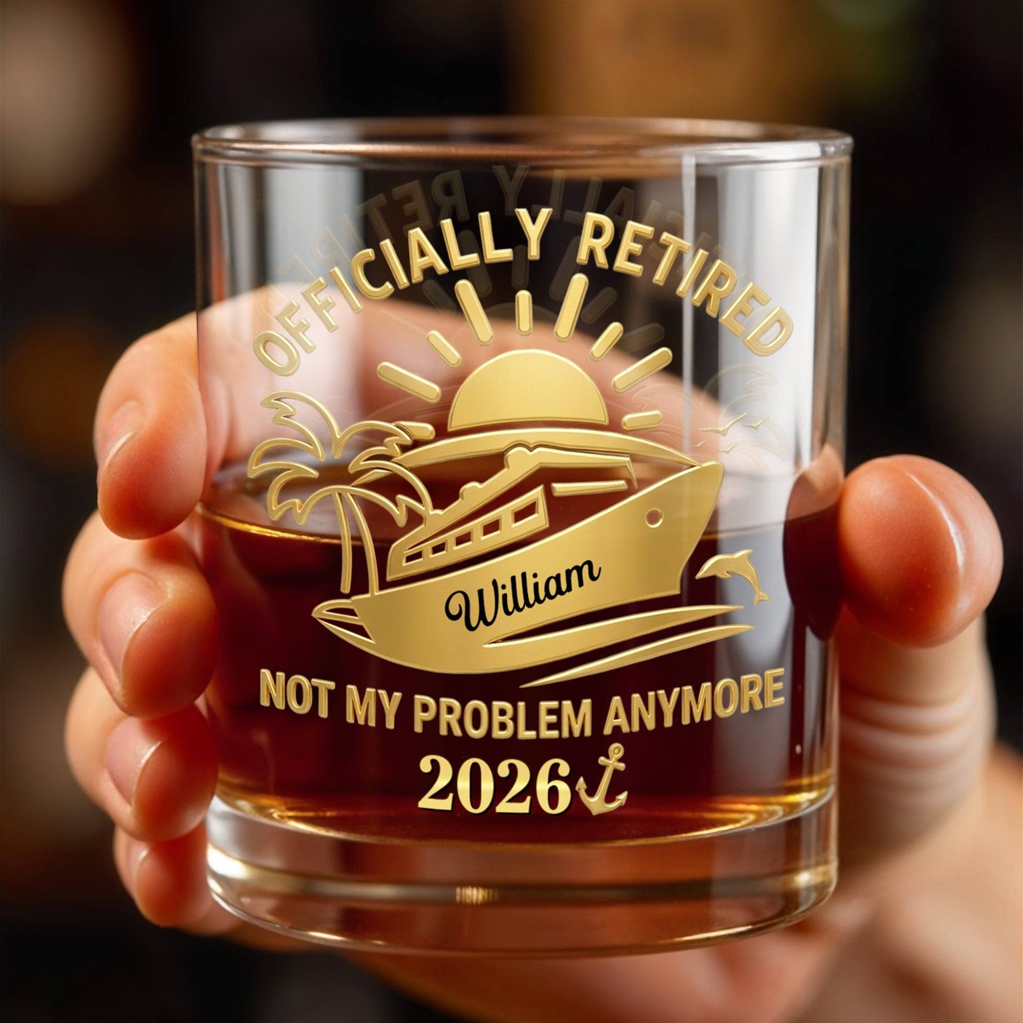 Officially Retired Not My Problem Anymore Cruise Ship Sun And Palm Tree - Personalized Custom Whiskey Glass - RETIRE091_RWG