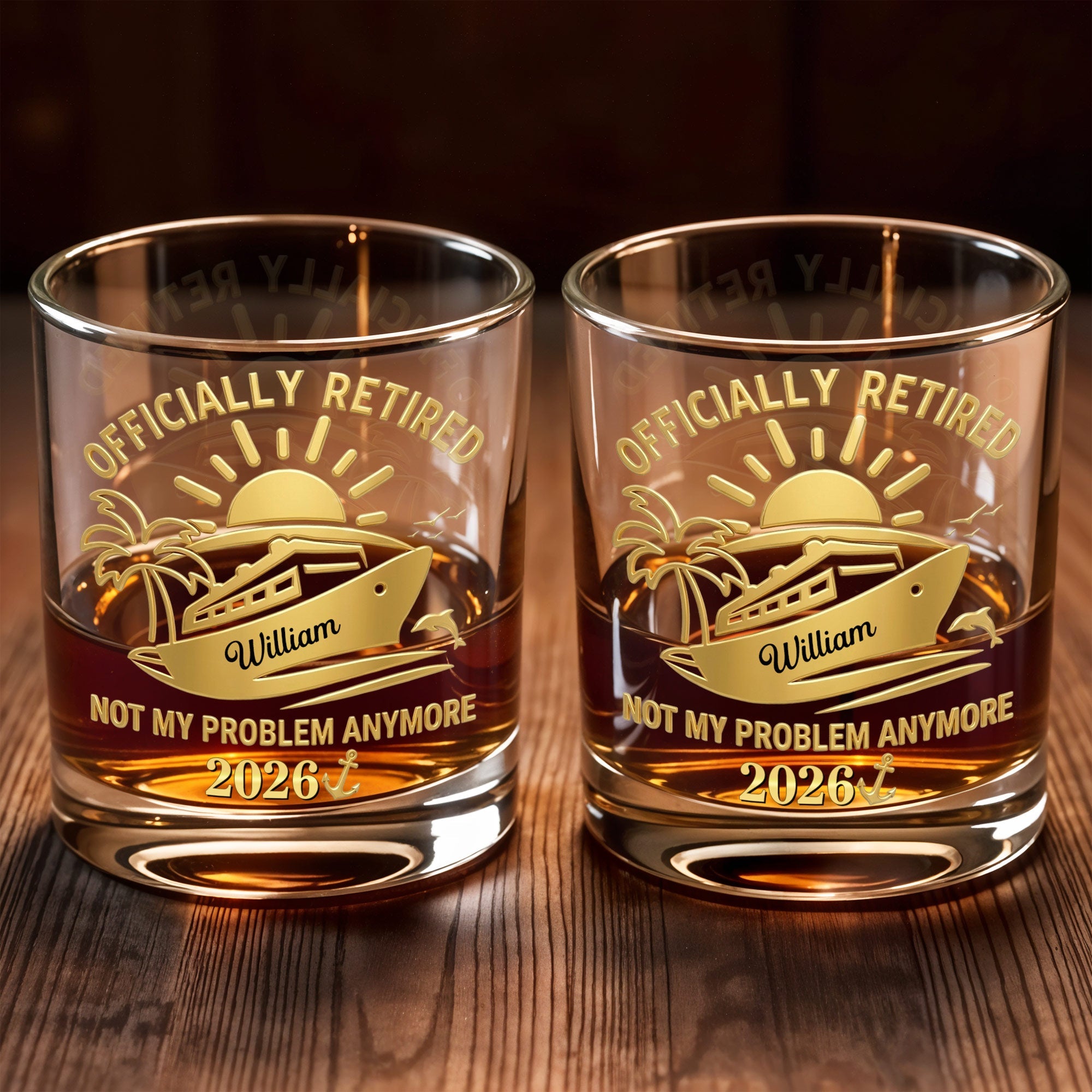 Officially Retired Not My Problem Anymore Cruise Ship Sun And Palm Tree - Personalized Custom Whiskey Glass - RETIRE091_RWG