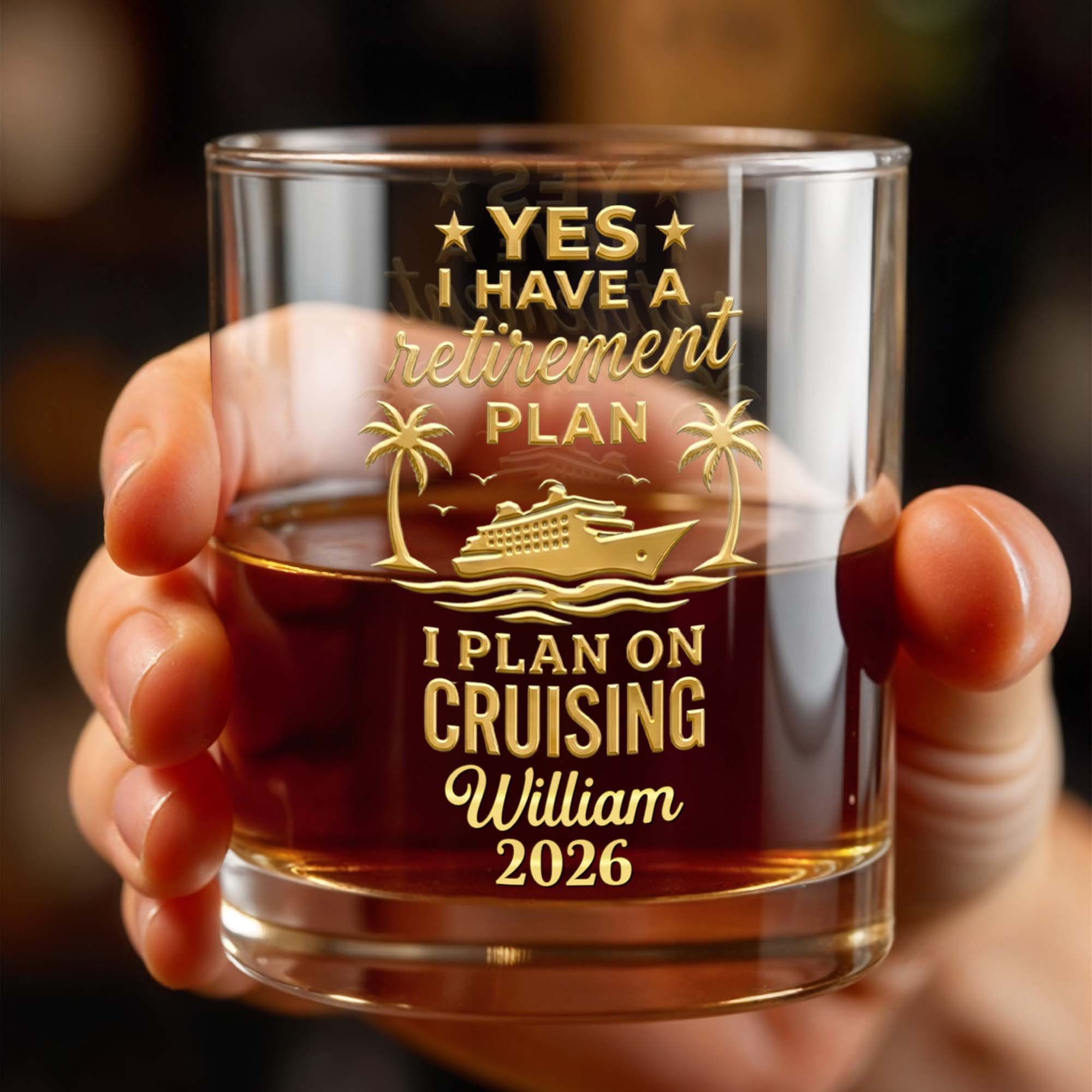 Yes I Have A Retirement Plan I Plan On Cruising Ship Palm Trees - Personalized Custom Whiskey Glass - RETIRE092_RWG