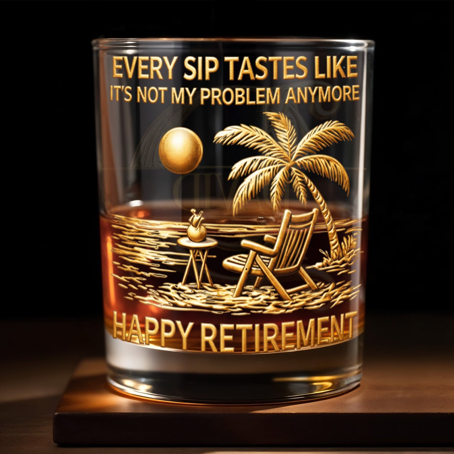 Every Sip Tastes Like It's Not My Problem Anymore Palm Tree Gold Letters - Personalized Custom Whiskey Glass - RETIRE094_RWG