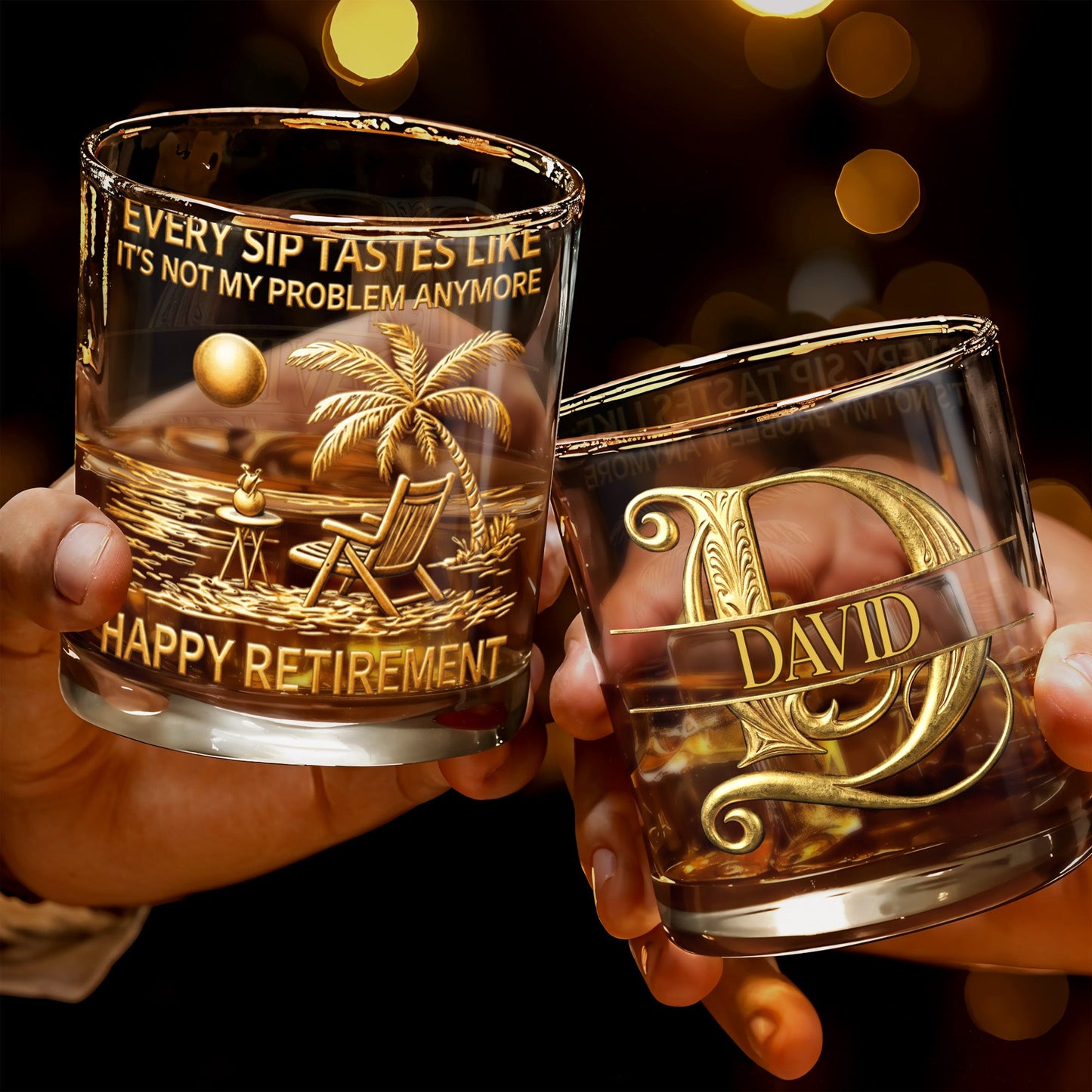 Every Sip Tastes Like It's Not My Problem Anymore Palm Tree Gold Letters - Personalized Custom Whiskey Glass - RETIRE094_RWG