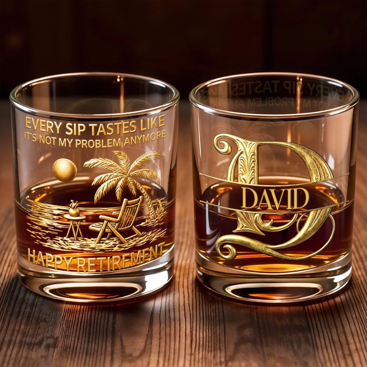 Every Sip Tastes Like It's Not My Problem Anymore Palm Tree Gold Letters - Personalized Custom Whiskey Glass - RETIRE094_RWG