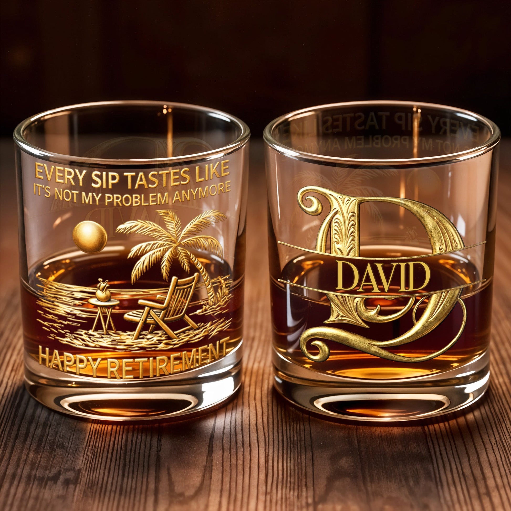 Every Sip Tastes Like It's Not My Problem Anymore Palm Tree Gold Letters - Personalized Custom Whiskey Glass - RETIRE094_RWG