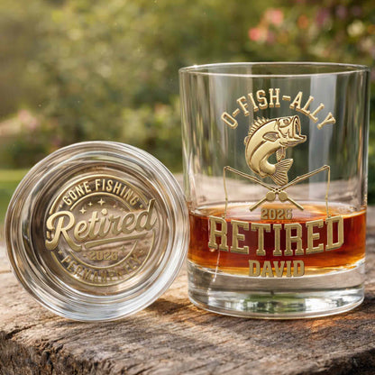 O-Fish-Ally Retired Gone Fishing Permanently With Fish And Rods - Personalized Whiskey Glass - RETIRE095_PRIWI