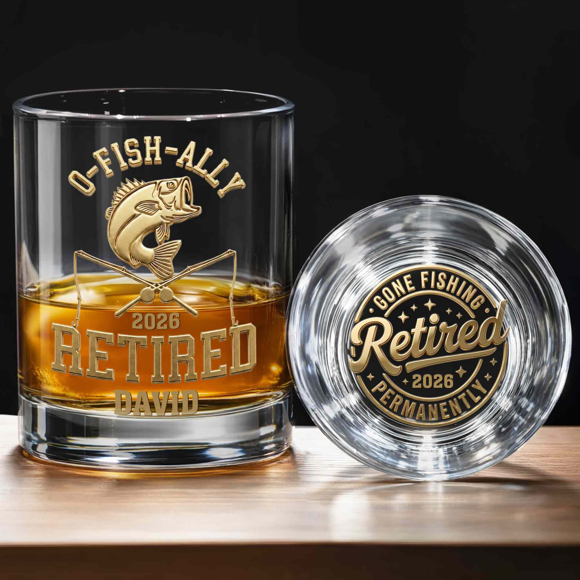O-Fish-Ally Retired Gone Fishing Permanently With Fish And Rods - Personalized Whiskey Glass - RETIRE095_PRIWI