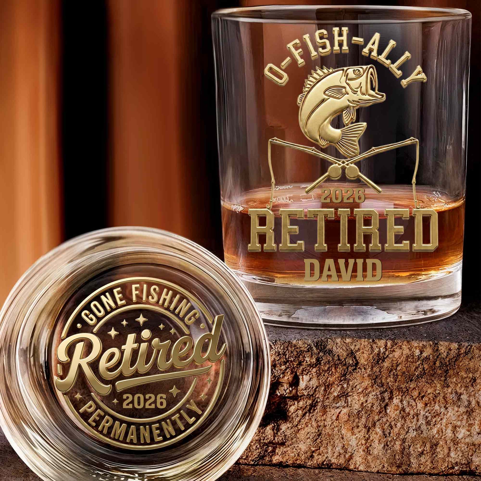 O-Fish-Ally Retired Gone Fishing Permanently With Fish And Rods - Personalized Whiskey Glass - RETIRE095_PRIWI
