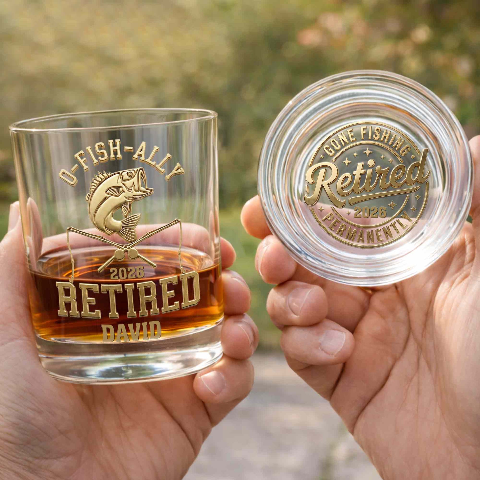 O-Fish-Ally Retired Gone Fishing Permanently With Fish And Rods - Personalized Whiskey Glass - RETIRE095_PRIWI