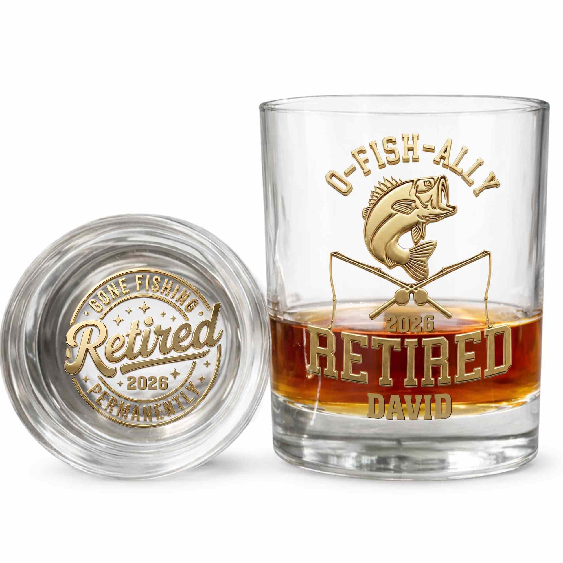 O-Fish-Ally Retired Gone Fishing Permanently With Fish And Rods - Personalized Whiskey Glass - RETIRE095_PRIWI