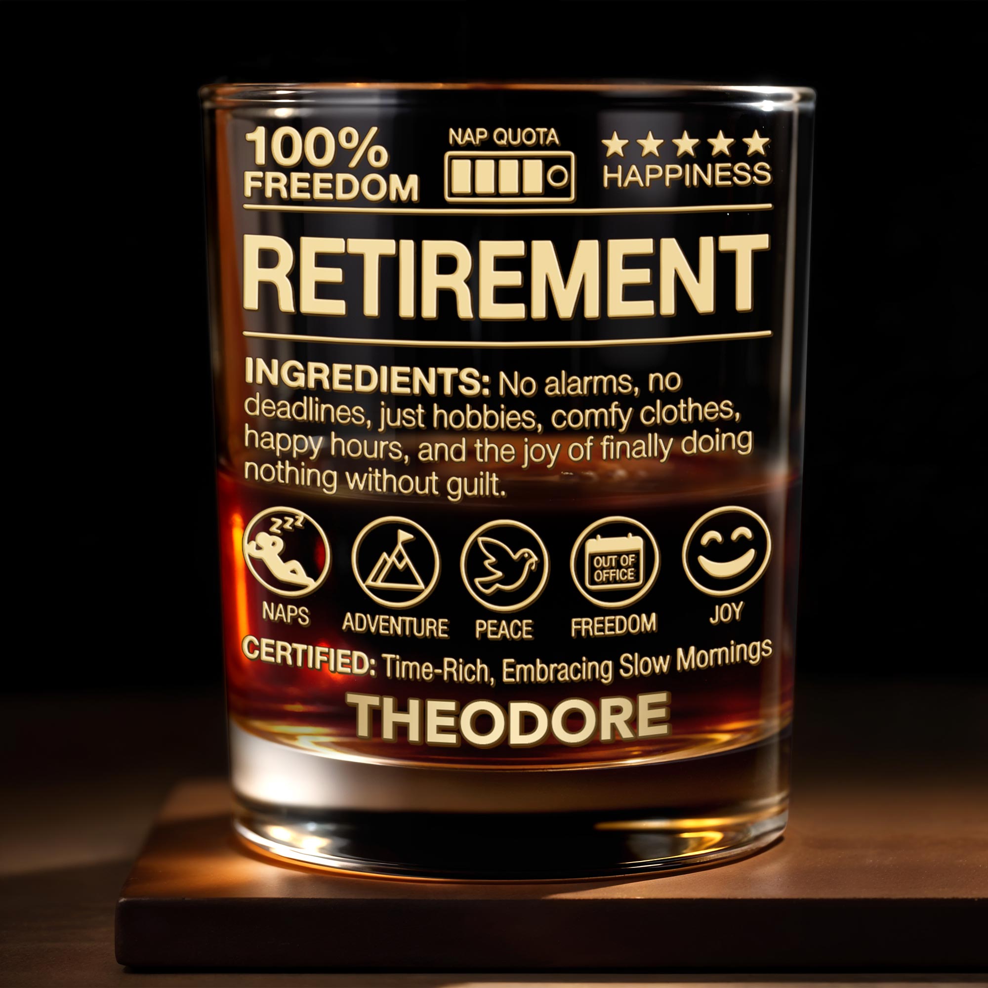 100 Percent Freedom Retirement With Nap Quota And 3D Golden Text - Personalized Custom Whiskey Glass - RETIRE096_RWG