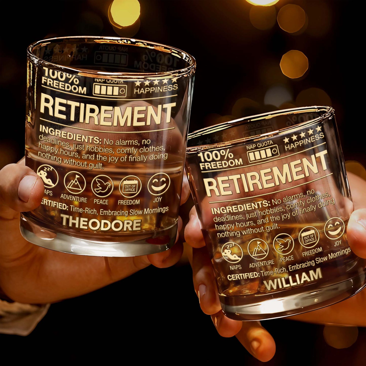 100 Percent Freedom Retirement With Nap Quota And 3D Golden Text - Personalized Custom Whiskey Glass - RETIRE096_RWG