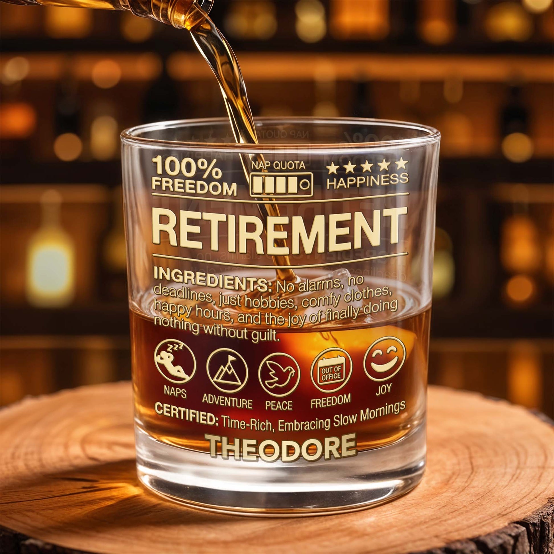 100 Percent Freedom Retirement With Nap Quota And 3D Golden Text - Personalized Custom Whiskey Glass - RETIRE096_RWG