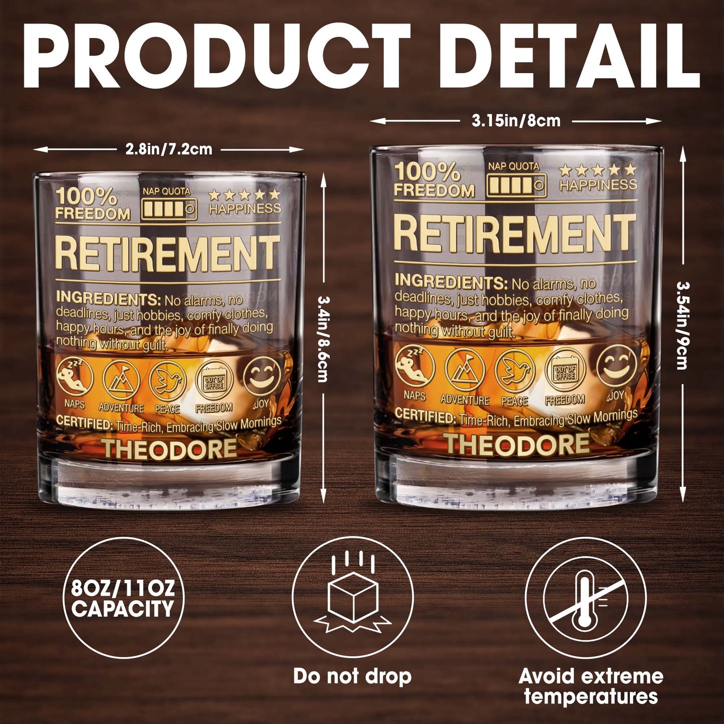 100 Percent Freedom Retirement With Nap Quota And 3D Golden Text - Personalized Custom Whiskey Glass - RETIRE096_RWG