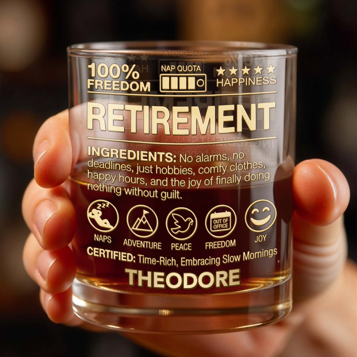 100 Percent Freedom Retirement With Nap Quota And 3D Golden Text - Personalized Custom Whiskey Glass - RETIRE096_RWG