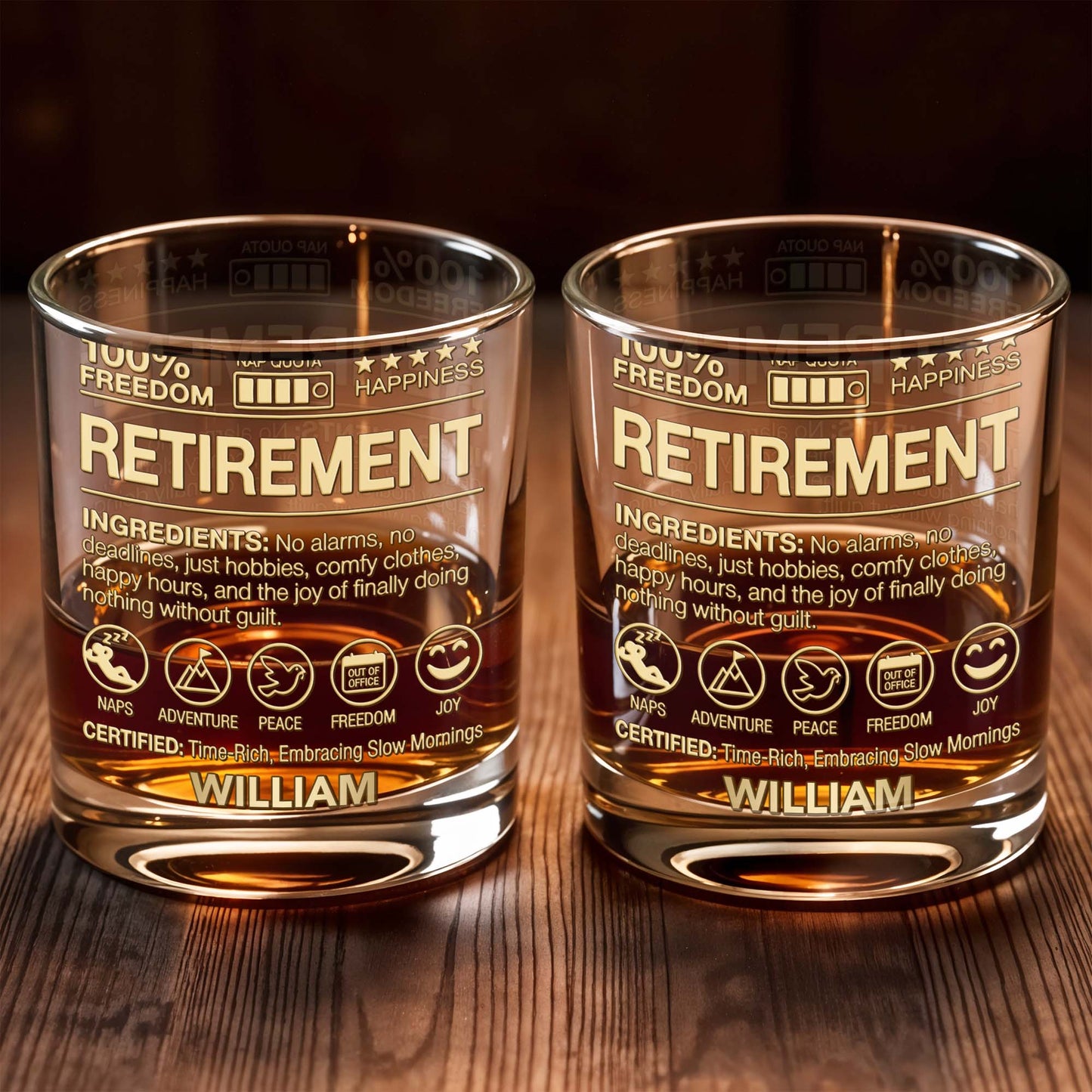 100 Percent Freedom Retirement With Nap Quota And 3D Golden Text - Personalized Custom Whiskey Glass - RETIRE096_RWG