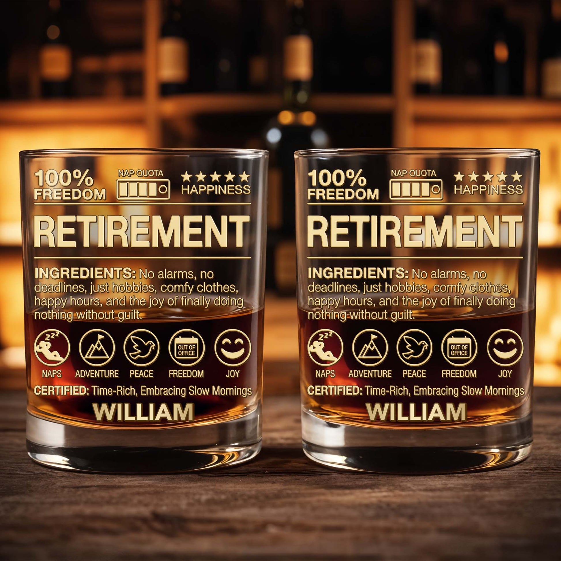 100 Percent Freedom Retirement With Nap Quota And 3D Golden Text - Personalized Custom Whiskey Glass - RETIRE096_RWG
