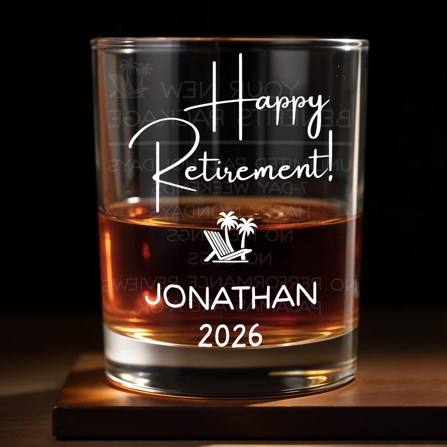 Happy Retirement Beach Chair And Palm Trees - Personalized Custom Whiskey Glass - RETIRE100_RWG